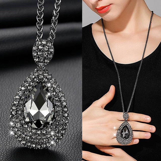 Women's Fashion Gray Crystal Long Necklace